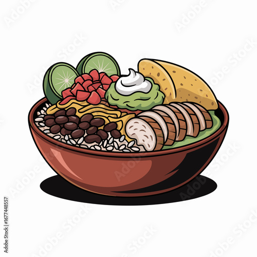 Loaded Burrito Bowl with Rice, Beans and Guacamole Illustration