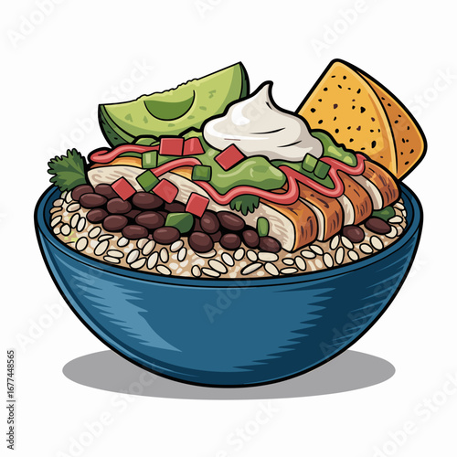 Loaded Burrito Bowl with Rice, Beans and Guacamole Illustration