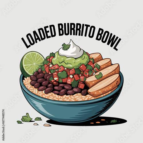Loaded Burrito Bowl with Rice, Beans and Guacamole Illustration
