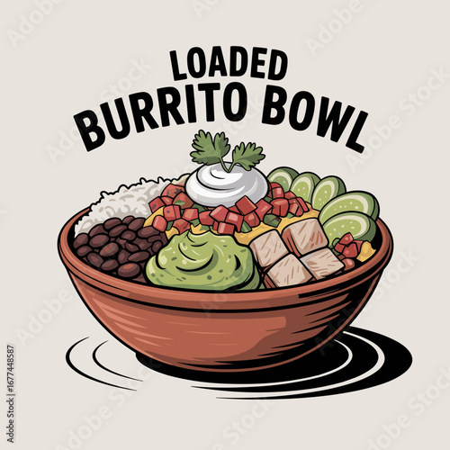 Loaded Burrito Bowl with Rice, Beans and Guacamole Illustration