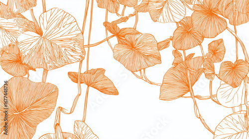 Ilustración botánica en línea de hojas con venas detalladas en color naranja sobre fondo blanco, ideal para diseño artístico, decoración natural, contenido orgánico y estética vegetal minimalista.