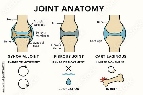 Joint Anatomy Types Illustration: Synovial, Fibrous, Cartilaginous Joint. Medical Anatomy Diagram. Illustration