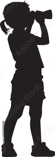 A black vector image of a child holding binoculars up to their eyes while standing.