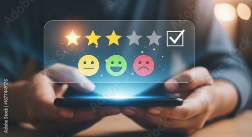 Customer feedback survey experience evaluating satisfaction with star ratings and emotion icons