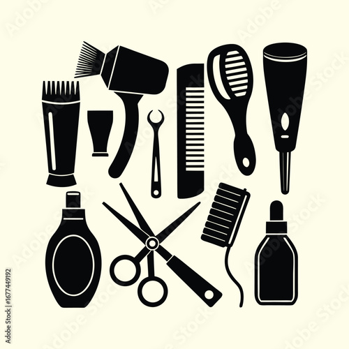Hairdressing Tools and Accessories Silhouettes Collection – Vector Set of Scissors, Combs, Brushes, Hairdryers, and Salon Equipment for Beauty and Haircare Designs