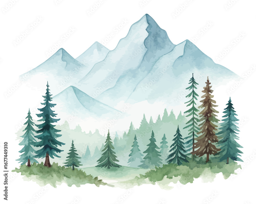 Fototapeta premium Watercolor Mountain Landscape with Pine Trees