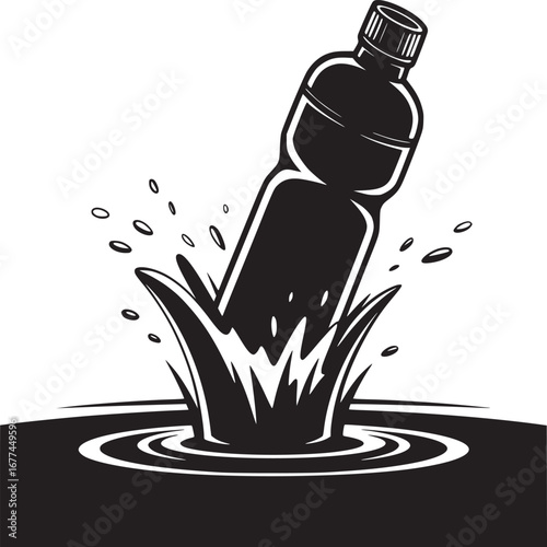 A black and white graphic of a bottle splashing into water with ripples and scattered droplets around it
