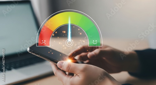 Financial health gauge on smartphone app assessing credit score performance and risk