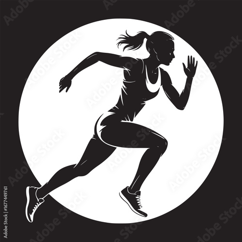Silhouette of a woman running in athletic gear against a white circle on a black background