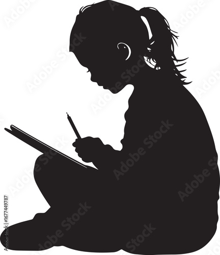 Vector Illustration of a Child Writing Silhouette of a kid holding a pencil, head down, concentrating on a notebook.