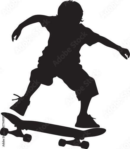 Full-Length Silhouette of a Young Skater Black vector illustration of a child actively skateboarding, one foot propelling forward.