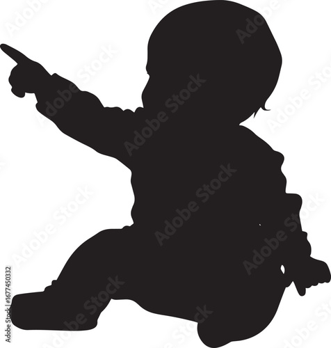 Pointing Baby Silhouette A baby sitting or standing with one arm extended, finger pointing. full length silhouette black vector illustration