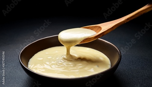 wooden spoon serving creamy bechamel sauce against dark background