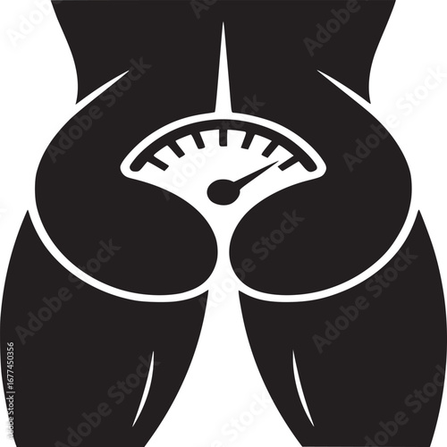 Silhouette of a woman's lower body with a weight scale overlayed on the buttocks area in black and white