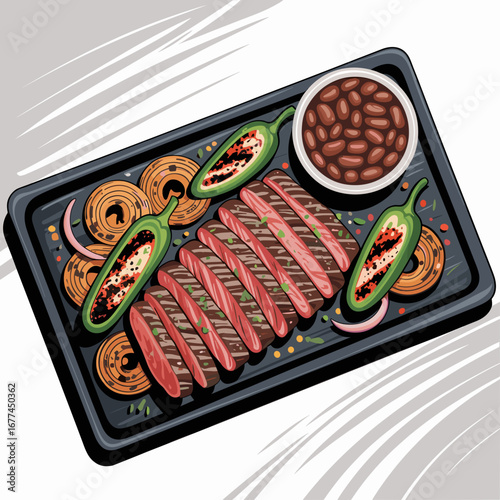 Carne Asada Platter with Beans and Grilled Vegetable Illustration