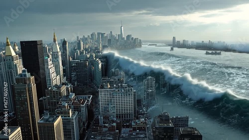 A sprawling metropolis faces a towering tidal wave, a catastrophic event threatening the city's skyline.