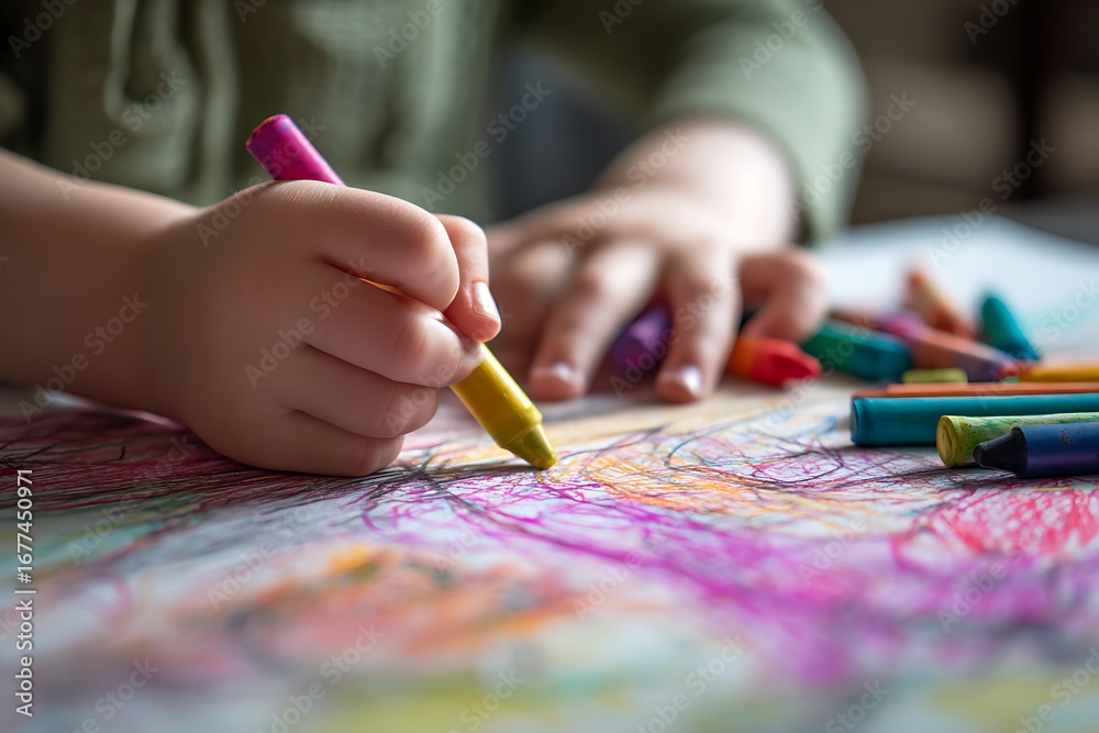 Naklejka premium Child's hands hold crayon, creating colorful artwork on paper.