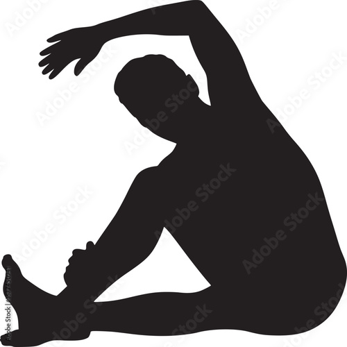A silhouette of a person seated stretching with one arm raised on a white background studio shot