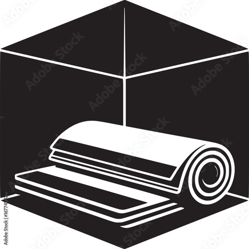 A graphic illustration of a rolled mat and a stacked mat in a box in black and white style art