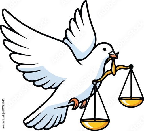 A white dove flies, carrying golden scales of justice in its beak and claws, symbolizing peace and fairness.