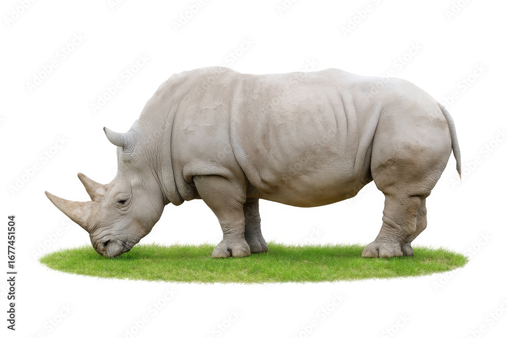 Fototapeta premium AI-generated image of a powerful white rhinoceros standing on fresh green grass against a clean white background.