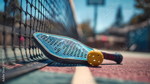 A blue pickleball paddle and yellow ball rest on the court next to the net, ready for a game on a sunny day