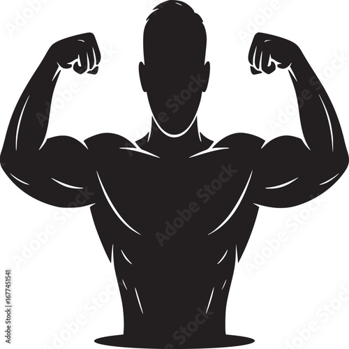 Silhouette of muscular man flexing both arms showcasing strength and fitness on a white background