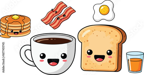 Cute cartoon breakfast food items, including pancakes, bacon, eggs, toast, coffee, and juice.