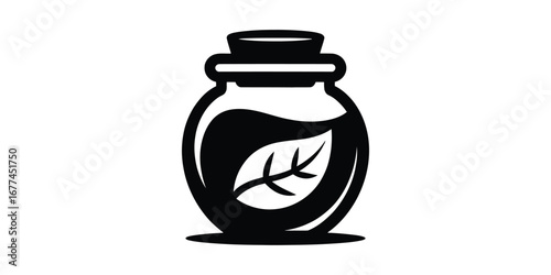 Monochrome illustration of a glass bottle with cork stopper, containing herbal essence; minimalist, natural, and sophisticated design.