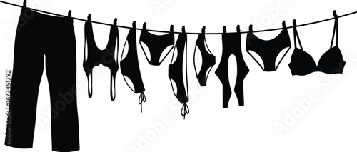Silhouette of various clothing items including pants and lingerie hanging to dry on a clothesline against a white background