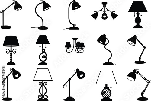 Collection of diverse black silhouette desk lamps and chandeliers against a white background showcasing various styles