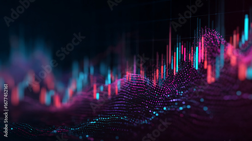 stock market abstract visualization with financial chart blue and pink glowing highlights on dark background economy fluctuation investment data trading and business finance