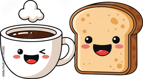 Cute cartoon coffee cup and slice of bread with happy faces, perfect for a breakfast illustration.