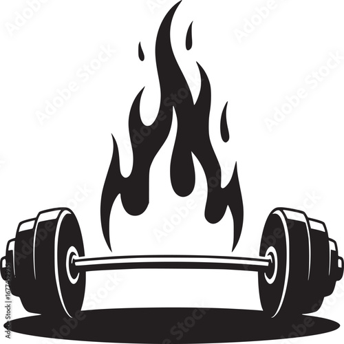 A black and white illustration of a barbell with flames rising from the center on a white background