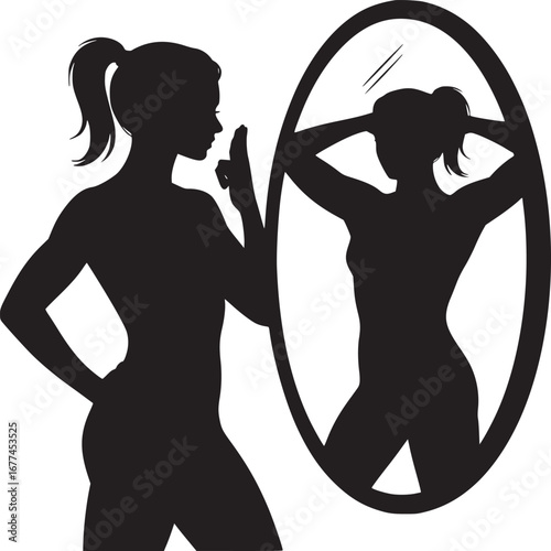 Silhouette of a woman looking in a mirror with her hand raised to her face in a white background