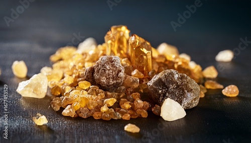 arrangement of frankincense myrrh and gold crystals