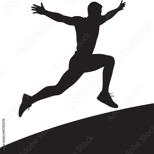 Silhouette of a man in athletic stance with outstretched arms running uphill in black and white view