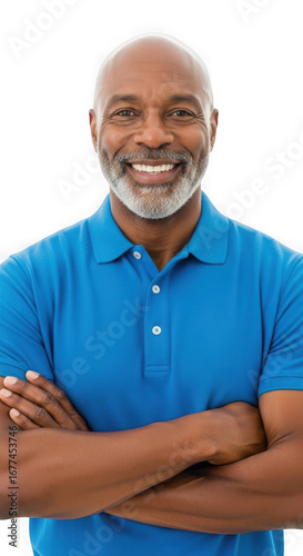 Smiling Senior African American Man in Blue Polo Shirt with Crossed Arms