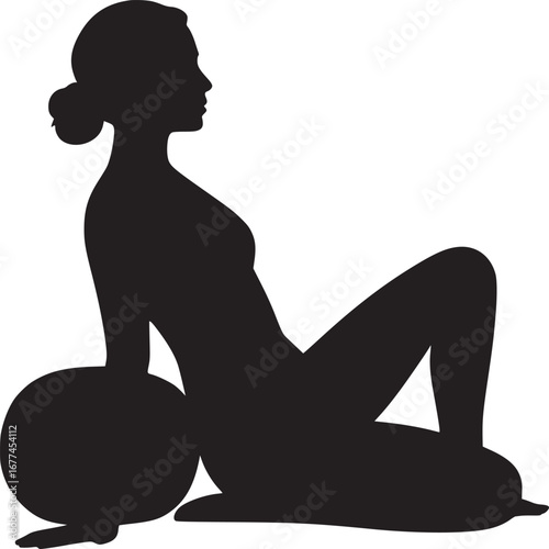 Silhouette of a woman seated with a ball in a side view against a white background in a studio shot