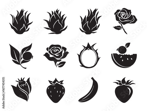 Fresh Dragon Fruit and Strawberry Icon in Clean Silhouette Illustration Artwork