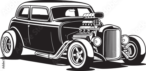 Sleek Silhouette of a Classic Hot Rod Car Illustration with Powerful Engine and Custom Wheels