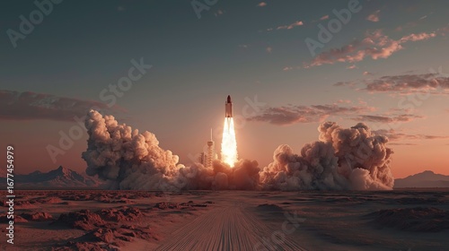 Rocket Launching Into Sky Over Desert Landscape During Sunset