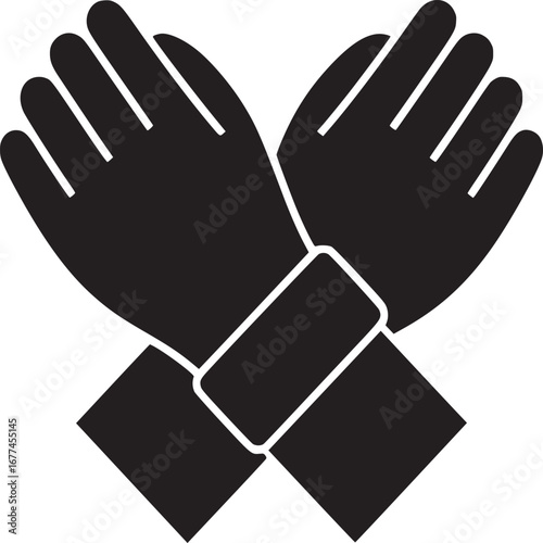 A silhouette of two crossed hands with a wristband on a white background in a simple design style