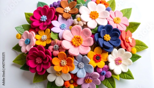 Fototapeta Naklejka Na Ścianę i Meble -  A vibrant bouquet of felt flowers in a variety of colors, arranged in a circular design, creates a cheerful and artistic display.
