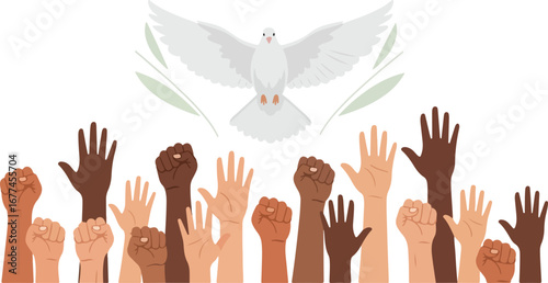 Diverse hands raised in protest, a dove symbolizing peace and unity.