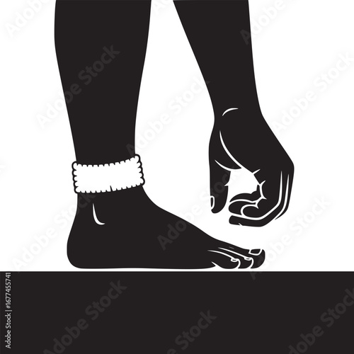 A graphic black and white illustration of a foot with an anklet and a hand reaching down