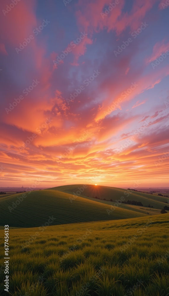 Obraz premium Dramatic sunset over rolling green hills with vibrant orange and pink clouds