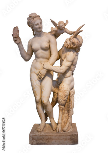 Fotografi Ancient marble statue of Aphrodite, Pan and Eros (100 BC) from Delos island, Cyc