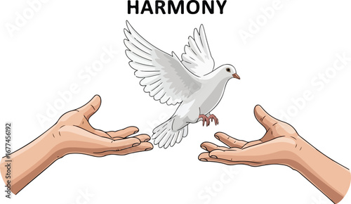 Two hands reaching for a white dove in flight, symbolizing harmony and peace.