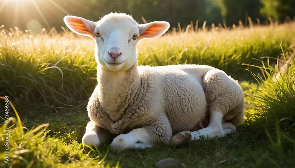 Obraz premium Young White Lamb Lying on Green Grass in Sunlit Field